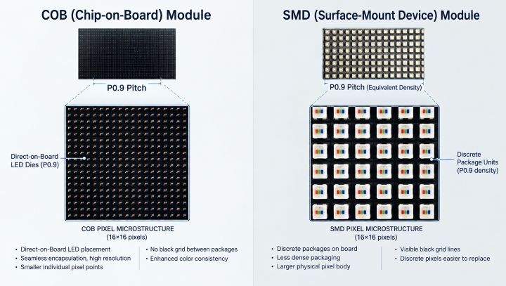 COB vs SMD LED module comparison showing directly mounted LED dies and discrete LED packages at P0.9 pixel pitch