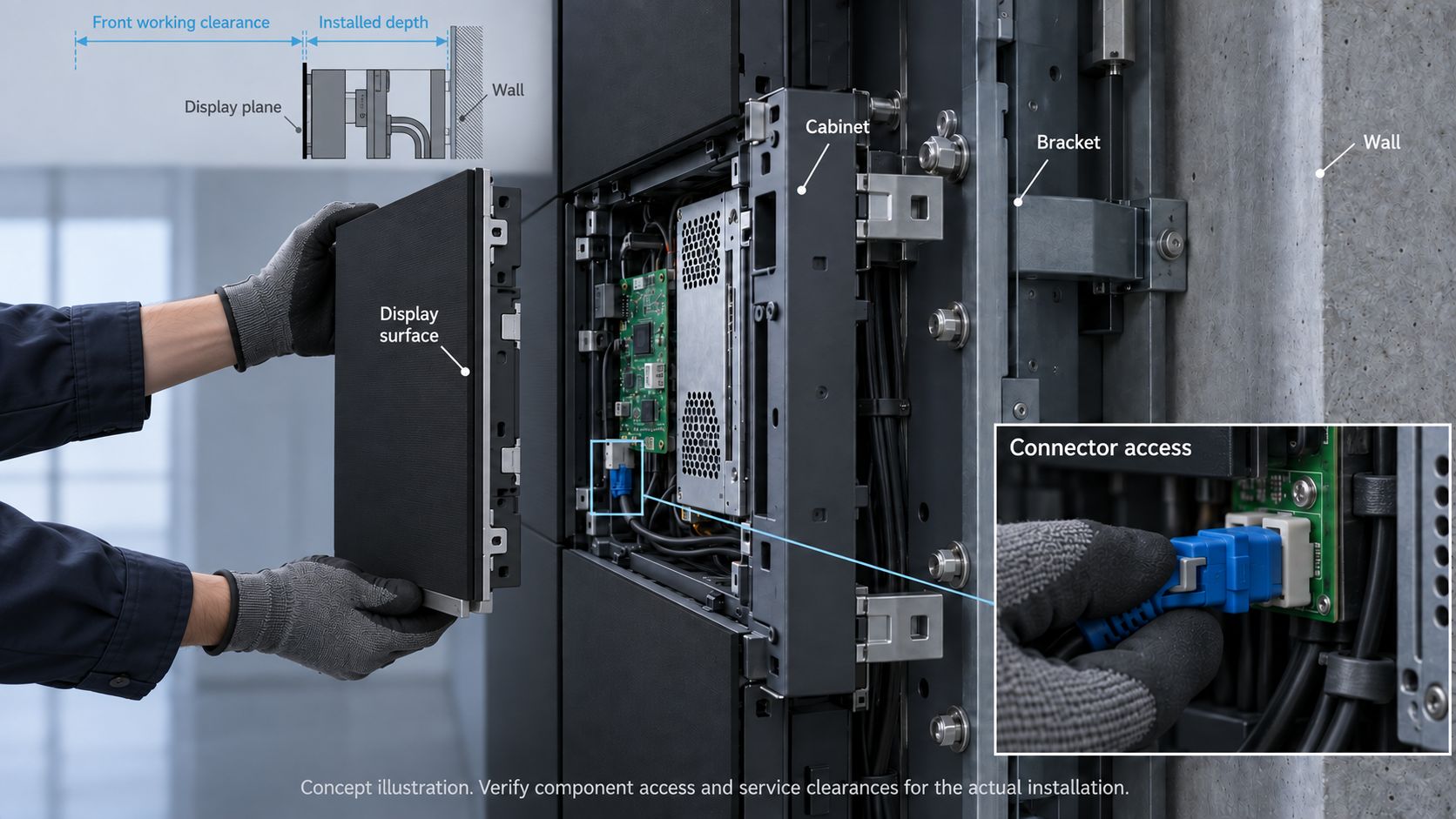 COB LED Display Front Service: Component Access and Working Clearance