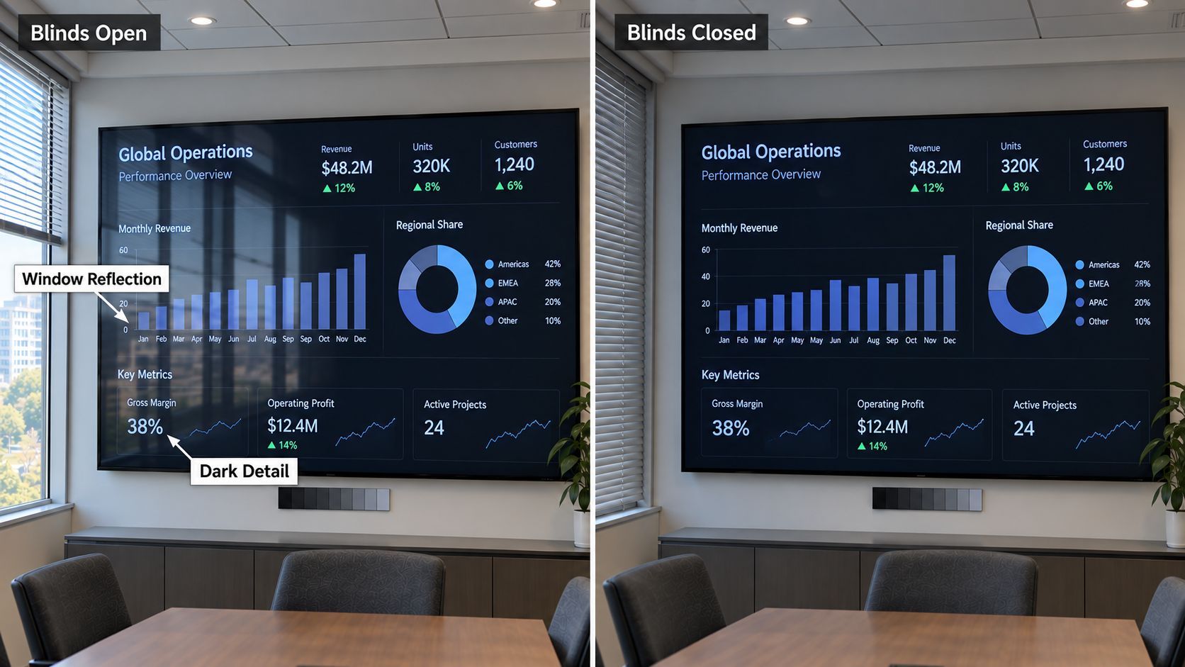 Window Reflections and Dark-Content Visibility on Meeting Room LED Walls